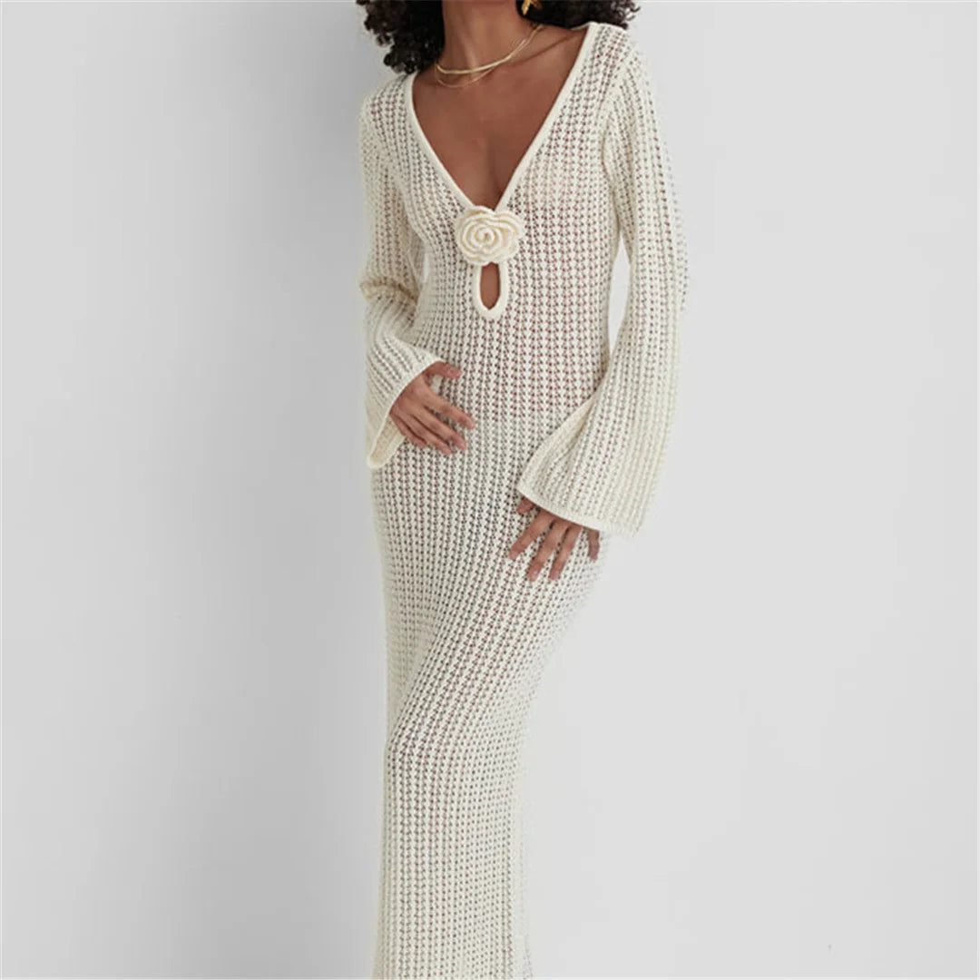 3D Flower V Neck Crochet Knitted Beach Cover Up Tunic