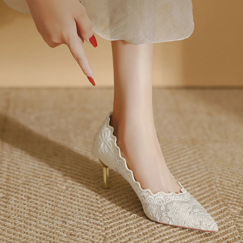 Embroidered Bridal Heels - Pointed Toe Wedding Pumps with 6.5cm Heel