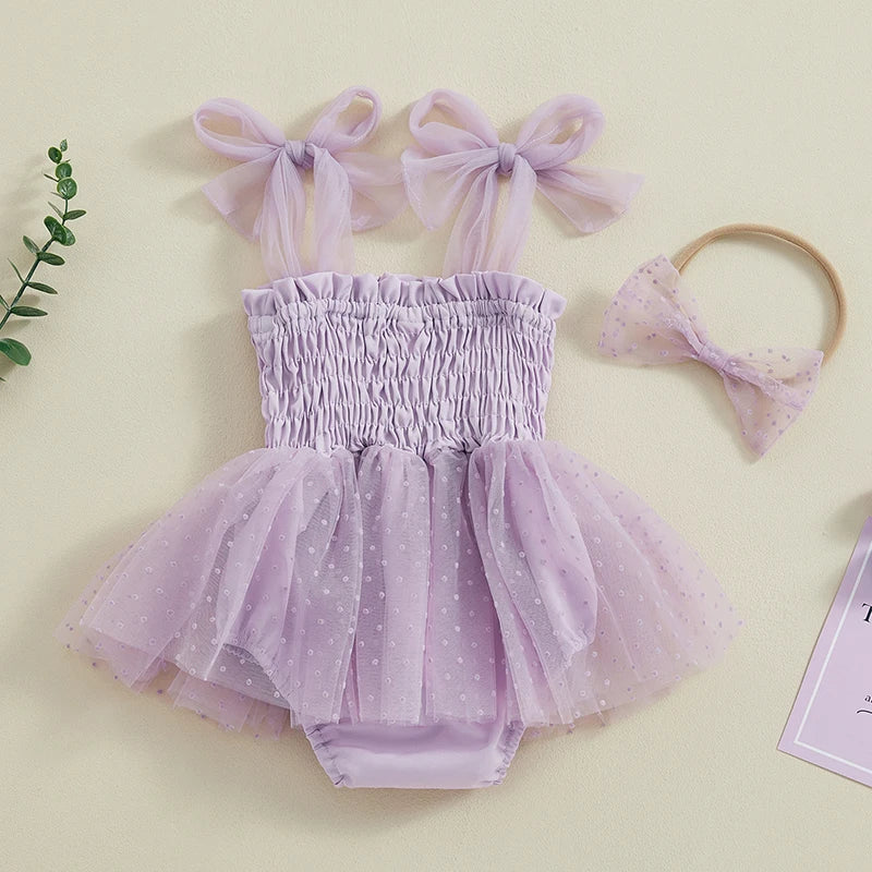 Baby Girls Princess Romper Dress Set - Sleeveless Dot Mesh Tulle with Hairband