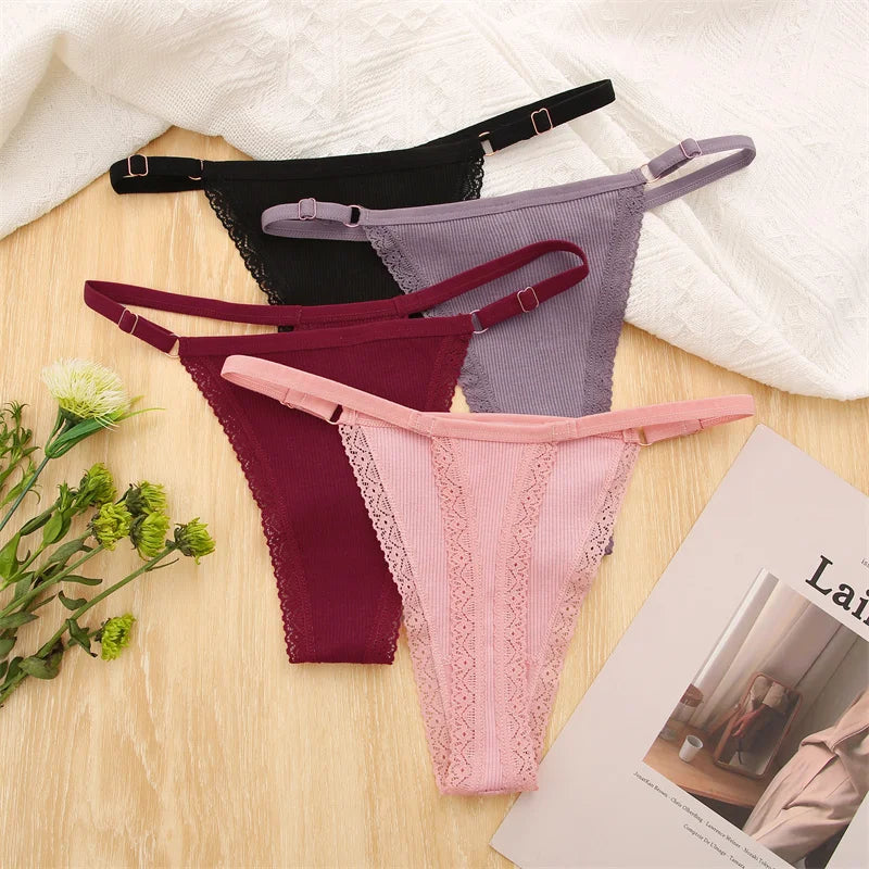 Women's Cotton Thongs 4-Piece Set - Adjustable Waistband Low-Rise Underwear