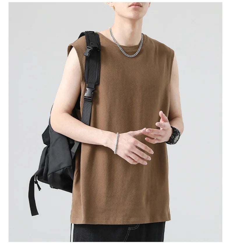 Men's Summer Cotton Sleeveless Loose Vest Sports Comfortable Breathable Round-Neck Tank Top