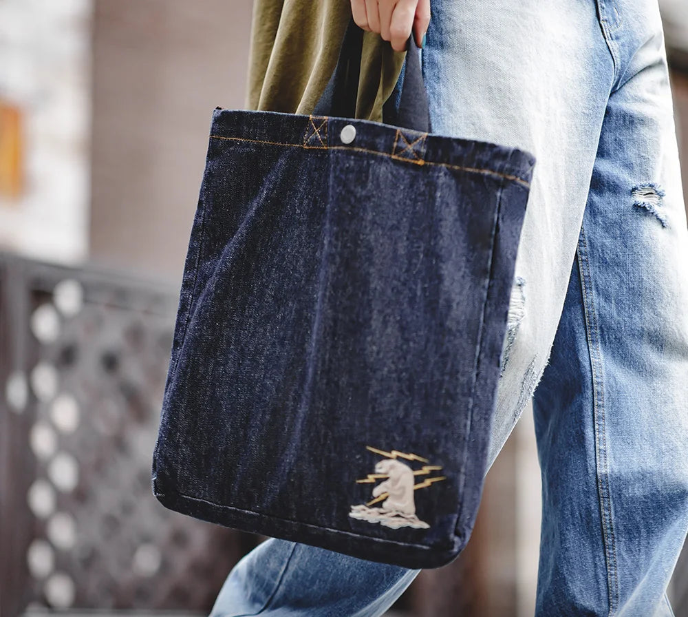 Women's Workwear American Retro Shoulder Crossbody Denim Embroidery Large Capacity Portable Flat Tote Bag