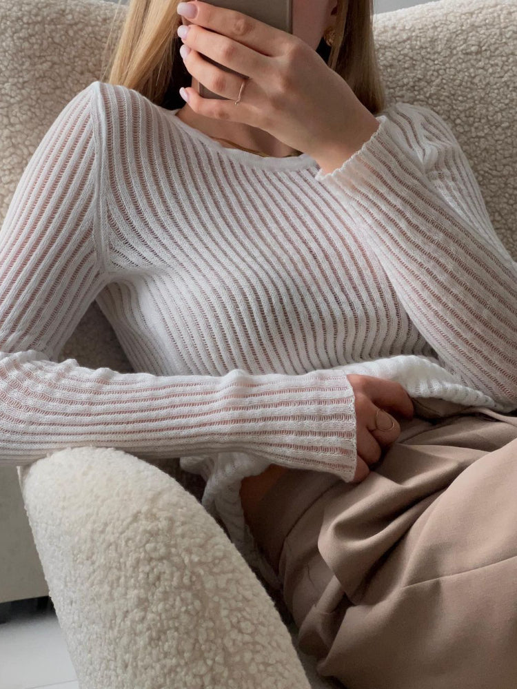 Women's Striped See Through Long Sleeve Top