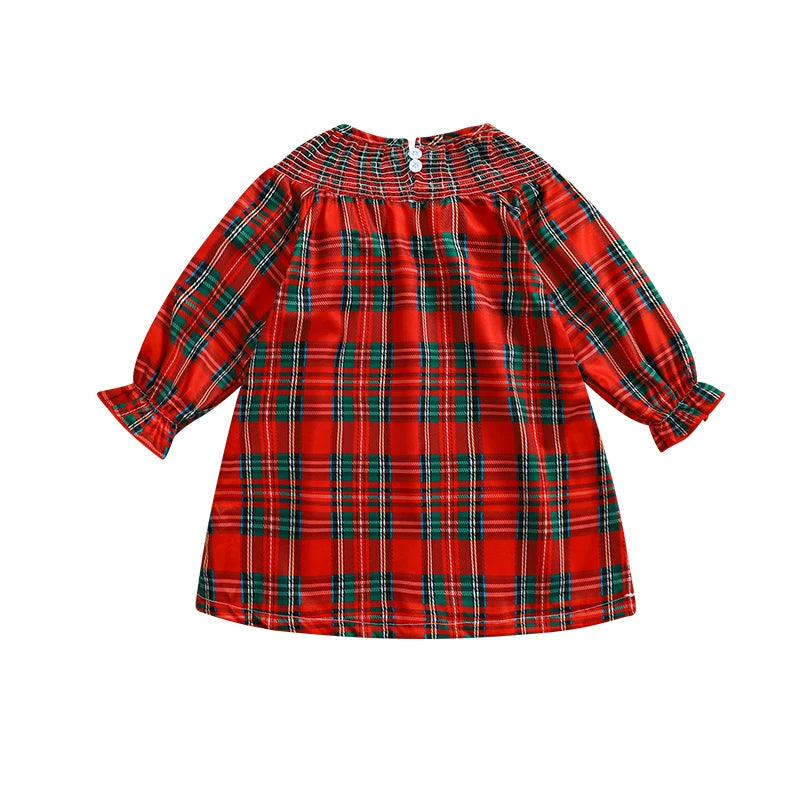 Christmas Santa Embroidery Plaid A-Line Dress - Girls Long Sleeve Festive Dress