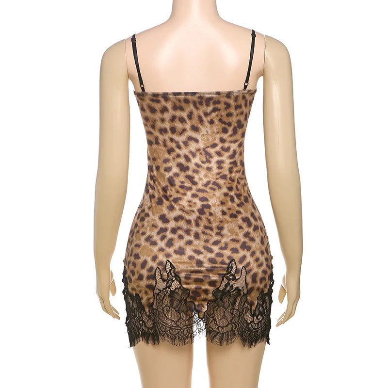 Women's Leopard Lace Sheer Mini Dress - Backless Slip Bodycon Sleepwear