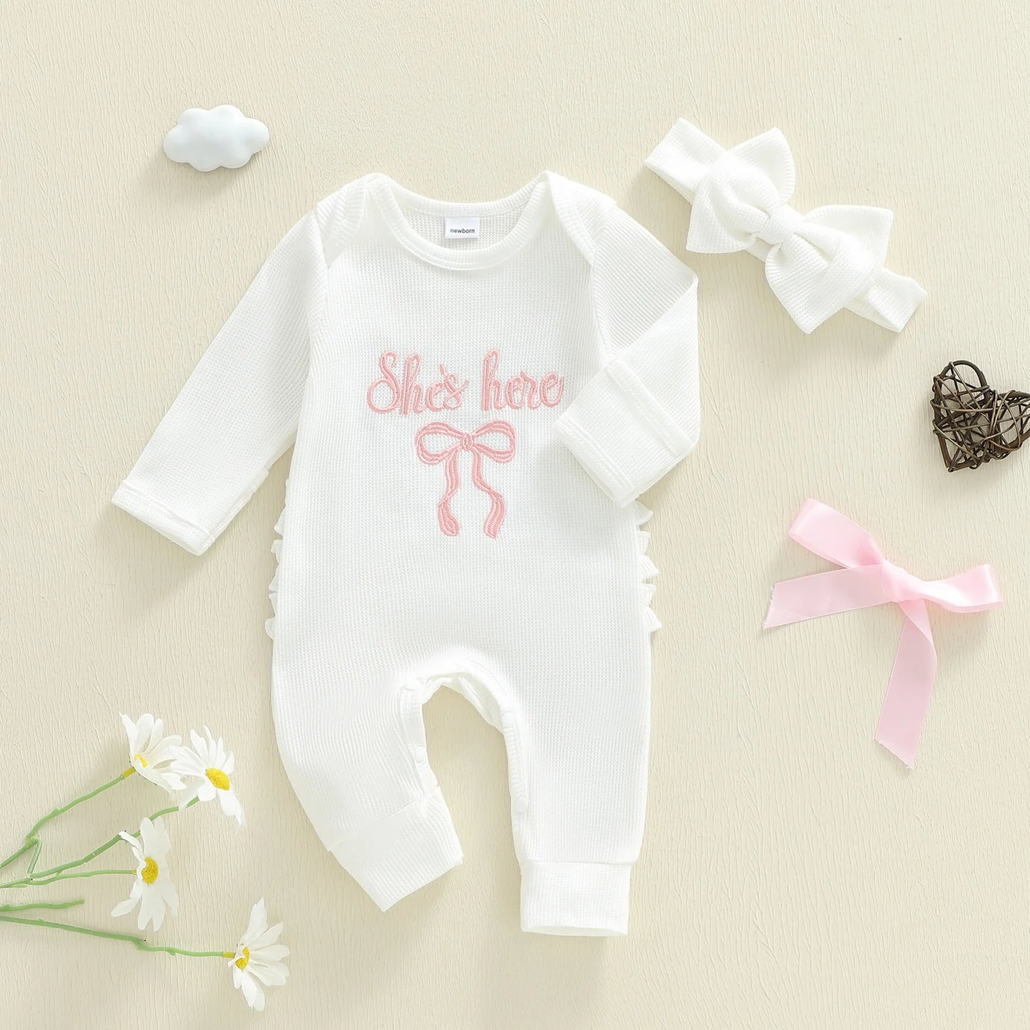 Newborn Baby Fall Winter Romper - Bow Letter Print Waffled Jumpsuit with Headband (0-6M)