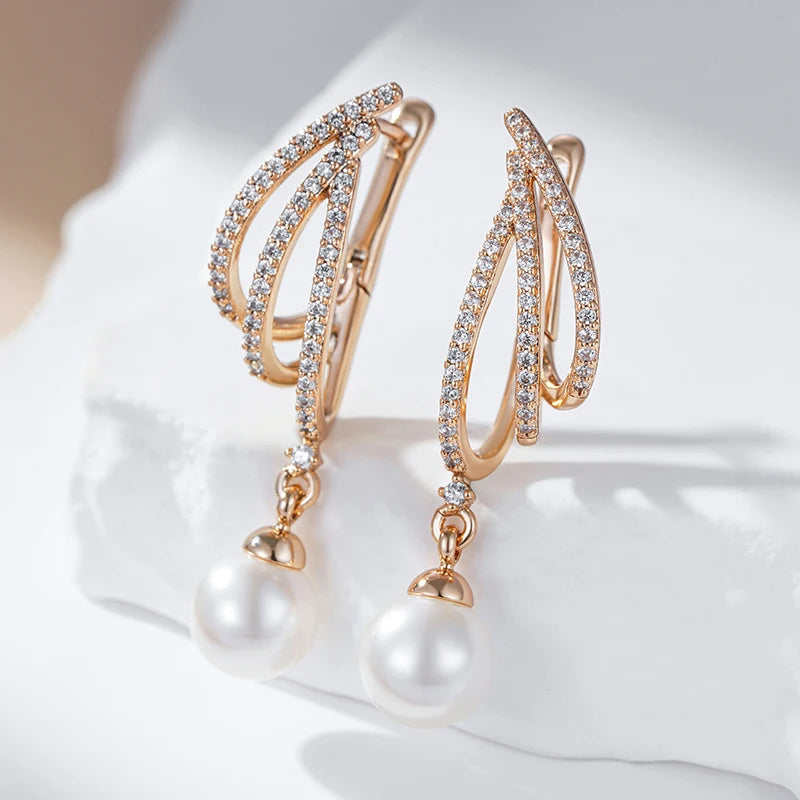 Women Shiny Natural Zircon Unique Geometric 585 Rose Gold Pearl Long Drop Earrings