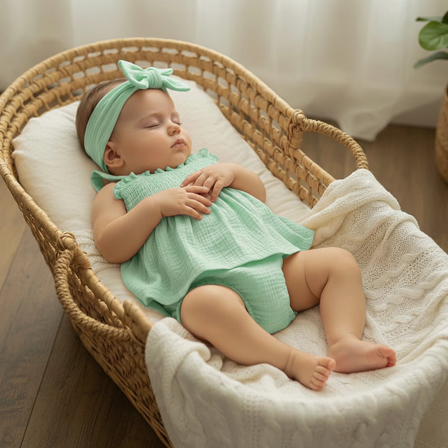 Baby Girls Summer Outfit Set - Ruffled Smocked Top, Shorts & Headband (0-24M)