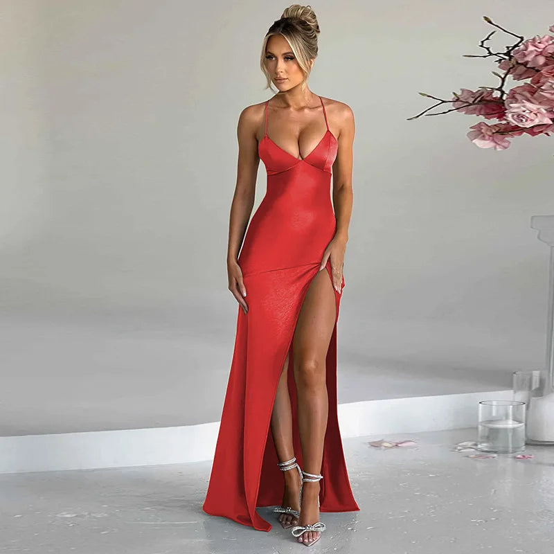 Women's Spaghetti Strap Slip Maxi Dress - Split Backless Bandage Elegant Gown Dress