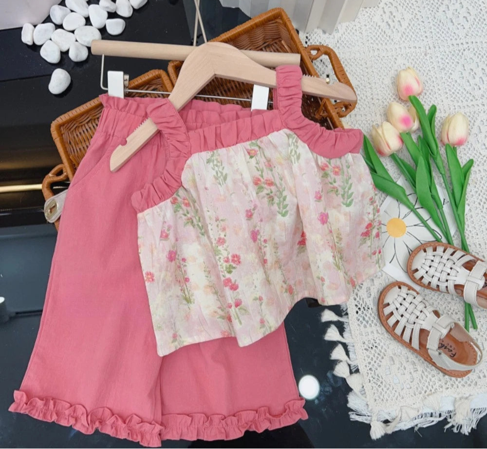 Girl's Pink Flower Camisole Top and wide Leg Pants Two-piece Set Summer 3-7 Years Old
