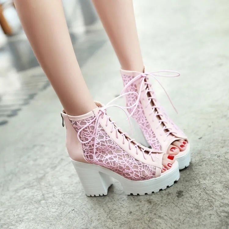 Women's Open Toe Summer Short Back Zipper Leather Mesh Hollow Cool Boots