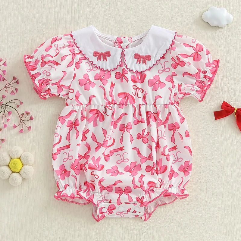 0-18M Summer Baby Girls Sweet Romper Short Sleeve Bow Embroidery Doll Collar Print Jumpsuit