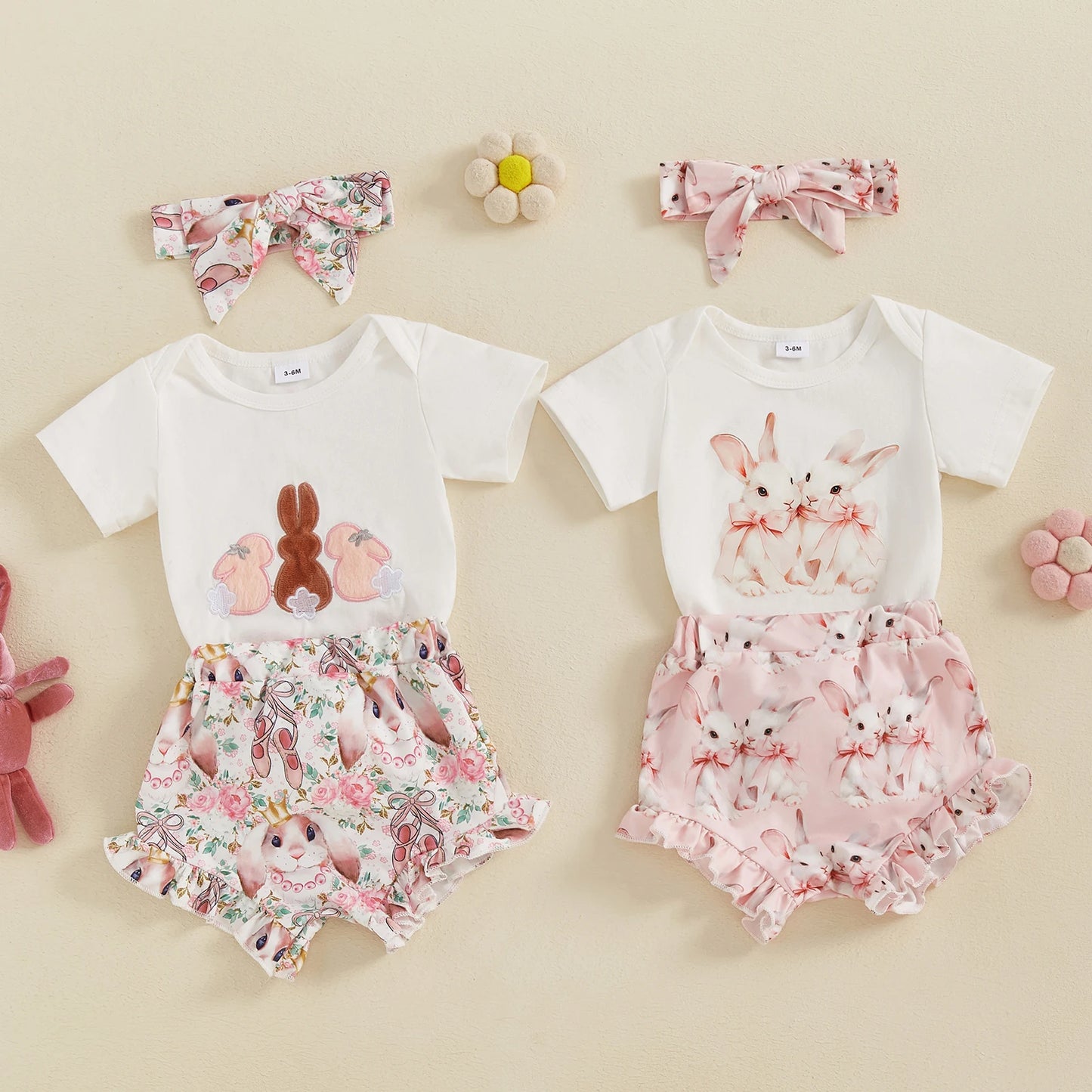 3pcs Baby Girls Easter Clothes Sets 0-18M Rabbit Print Short Sleeve Romper and Shorts Cute Headband