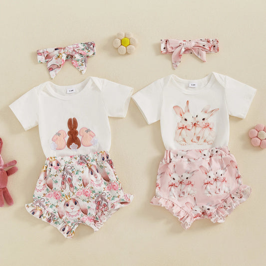 3pcs Baby Girls Easter Clothes Sets 0-18M Rabbit Print Short Sleeve Romper and Shorts Cute Headband