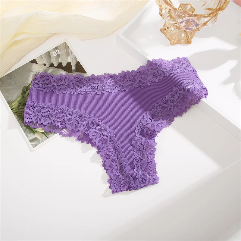 5PCS Women Cotton Lace Underwear Low Waist Briefs Breathable G-String Lingerie