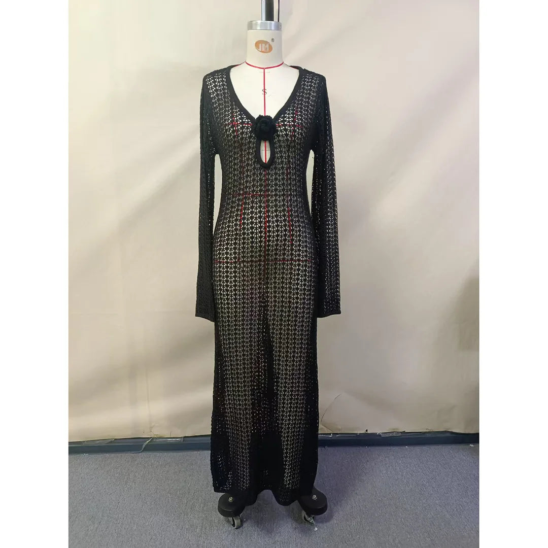 3D Flower V Neck Crochet Knitted Beach Cover Up Tunic