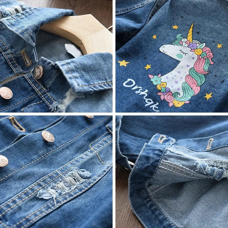 Girls Kids Cartoon Coat Embroidery Denim Jacket for 3-8Y