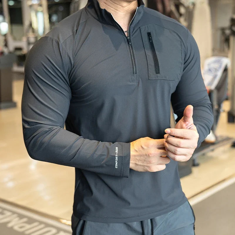 Men's Muscle Workout Sportswear Long Sleeve Running Clothing with Half Zip with Pockets Sports Gym Fitness Compression Shirt