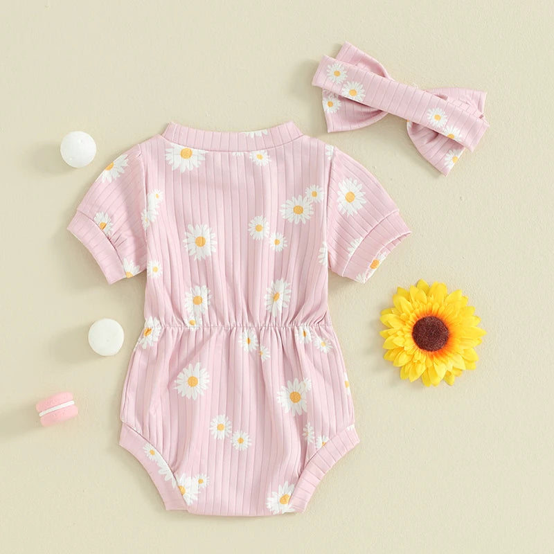 0-18M 2pcs Baby Romper Short Sleeve Sunflowers Print Elastic Waist Jumpsuits with Hairband