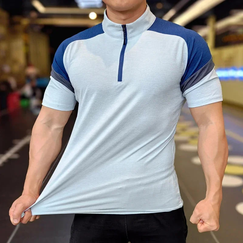 Men's Fitness Running Half Zip Training High Elasticity Muscle T-Shirt