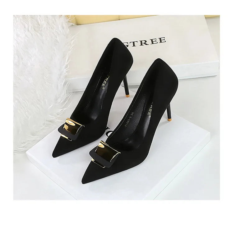 Women's Metal Buckle Decoration Pumps Suede High Heels Stilettos Heels Shoes