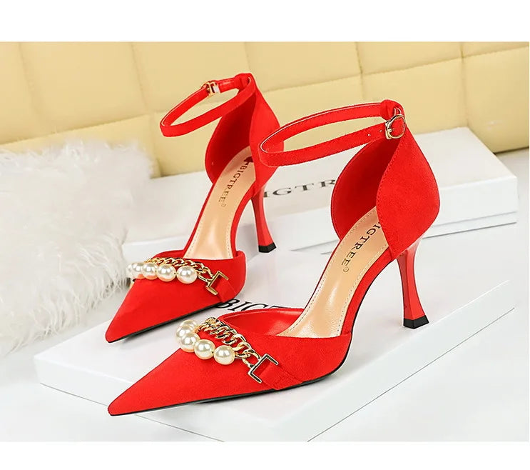 Women's Pearl Metal Chains Sandals Suede High Heels Shoes