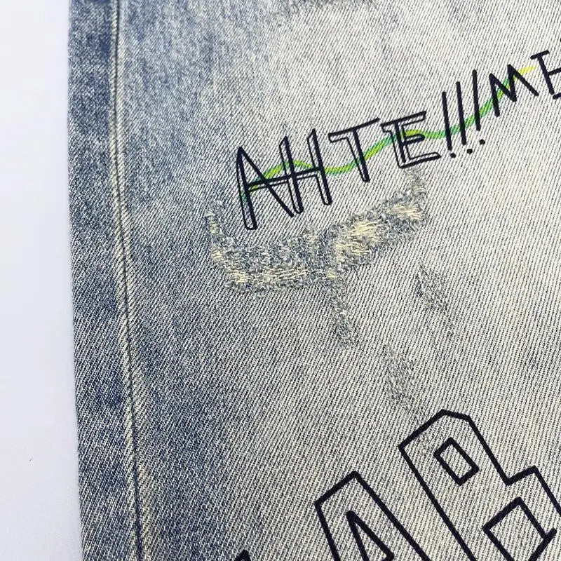 Men's Retro Print Straight Jeans - Loose Fit Hip-Hop