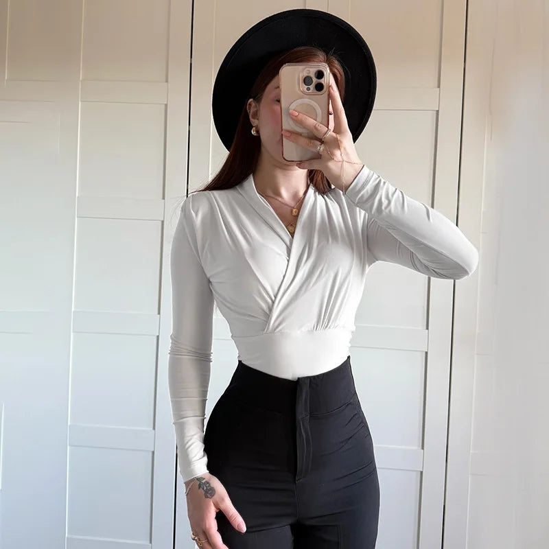 Women's Cross-Neck Slim Long Sleeve Elegant Ruched Top