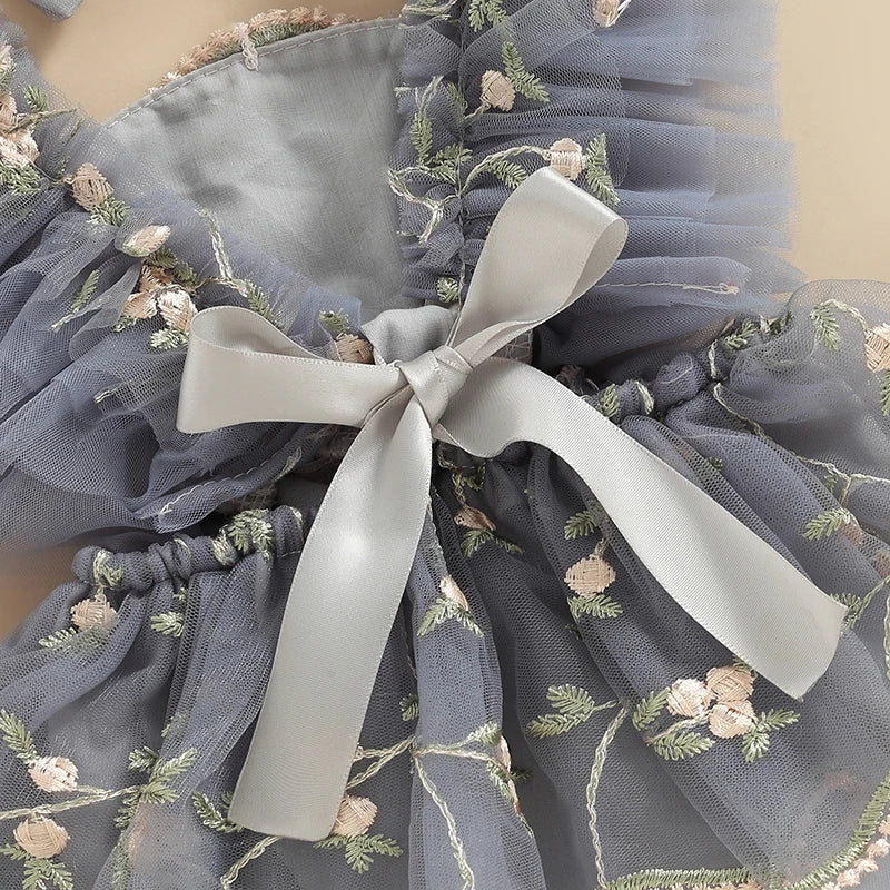 Baby Girls Summer Romper Dress with Headband - Floral Embroidery Tulle Jumpsuit