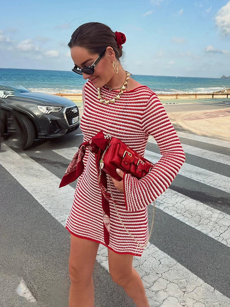 Women's High Waist Flare Sleeves Mini Dress Striped Knit  Bohemian Dress