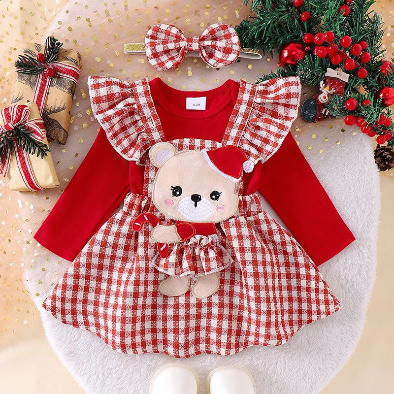 0-18M  Baby Girls Christmas Clothes Sets - Romper Cartoon Doll Embroidery Suspender Skirt Headband