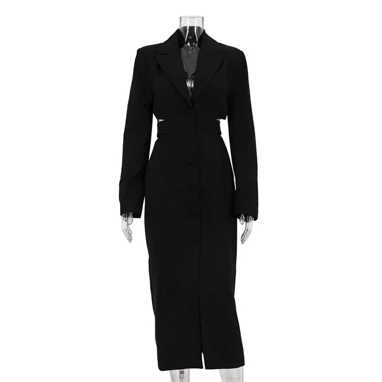 Women's Hollow Waist Suit Single Breasted Midi Lapel Long Sleeve Elegant Dress