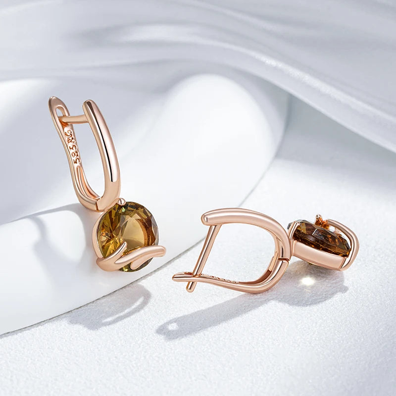 Rose Gold Drop Earrings - Brown Zircon Wedding Jewelry for Women
