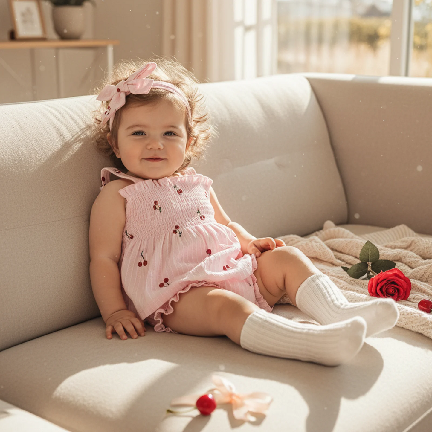 Baby Girls Summer Outfit Set - Cherry Print Square Collar Top with Ruffled Shorts & Headband 0-24M