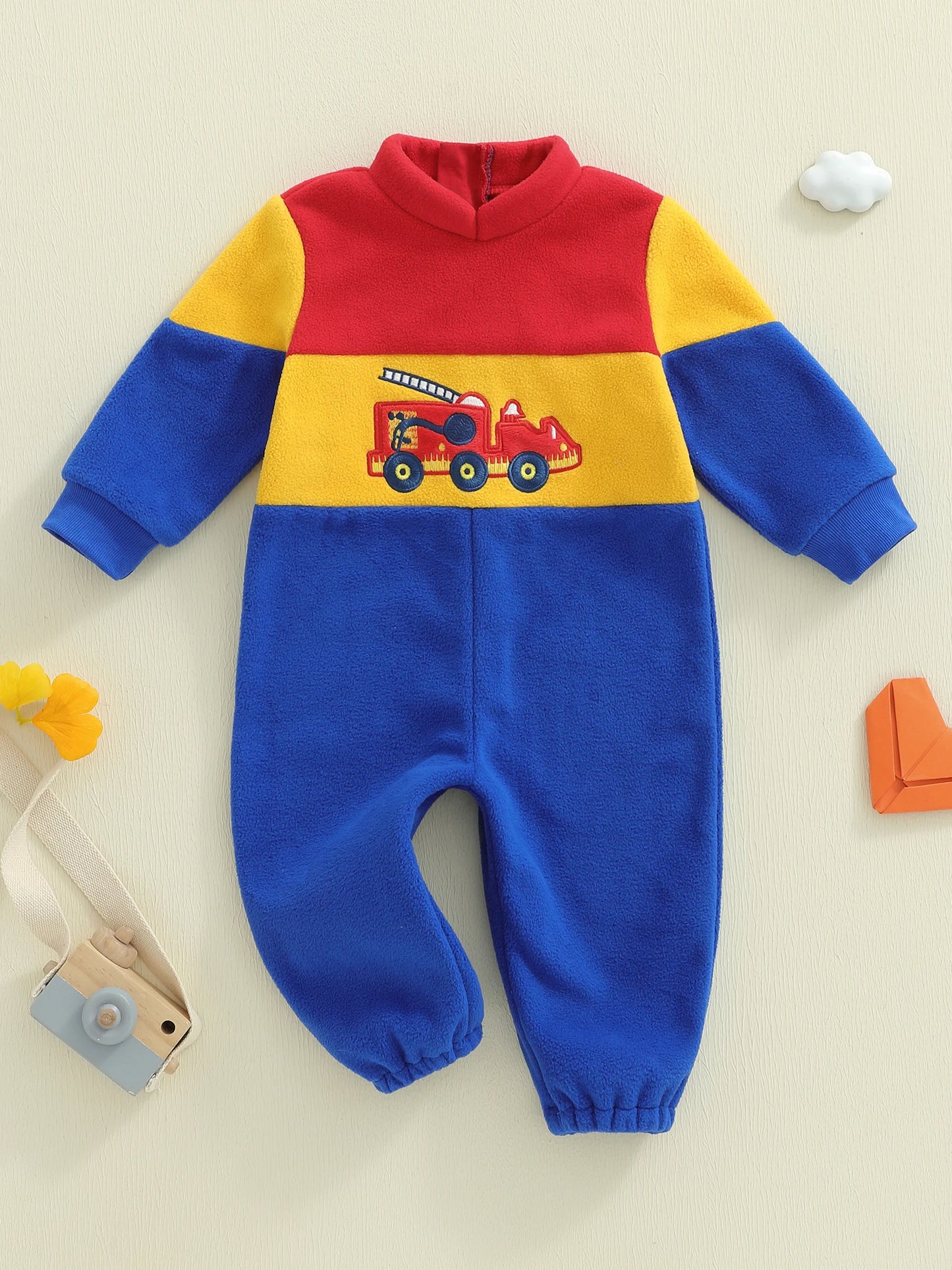 Infant Baby Boys Fall Winter Fleece Romper - Contrast Color Truck Embroidery Mock Neck Jumpsuit