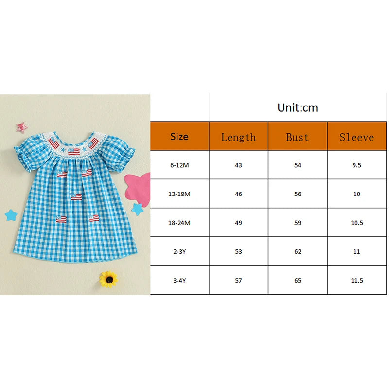 0-4Y  Kids Girl’s  Short Sleeve Embroidery Crew Neck Plaid Flags Print A-Line Dress