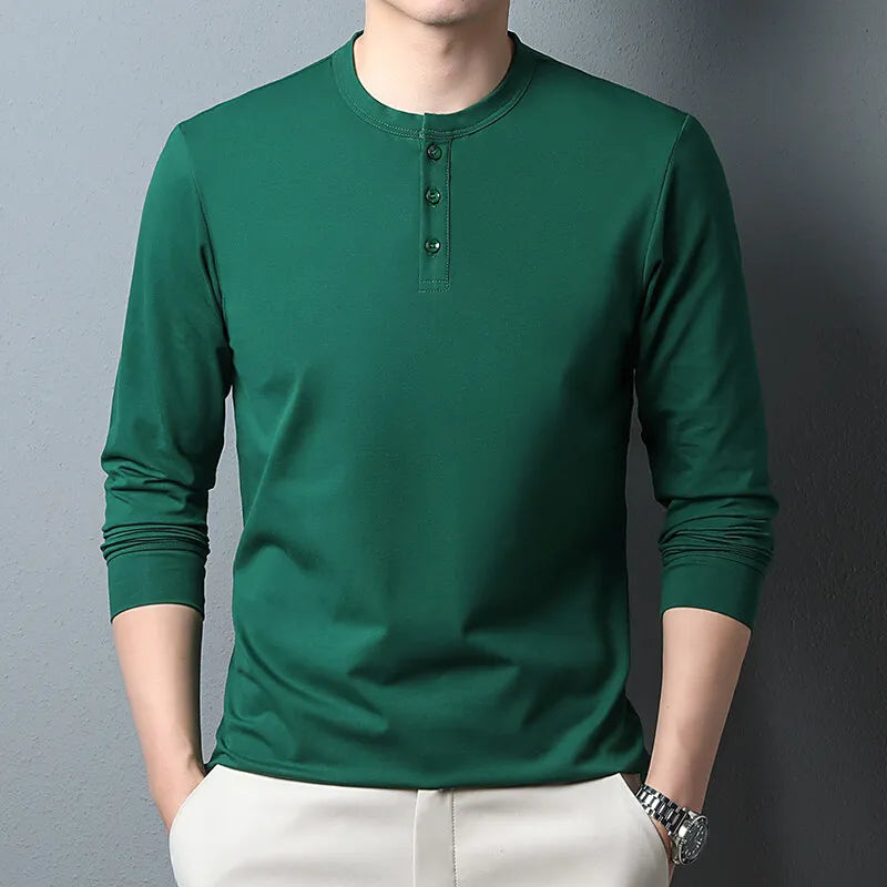 Men's Cotton Henry Collar T-Shirt - Smart Casual Slim Fit Breathable Tee