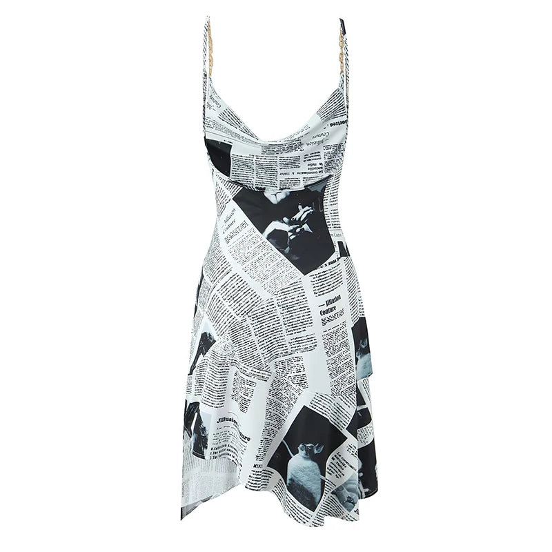 Newspaper Print Sling Dress - Backless Chain Strap Dress