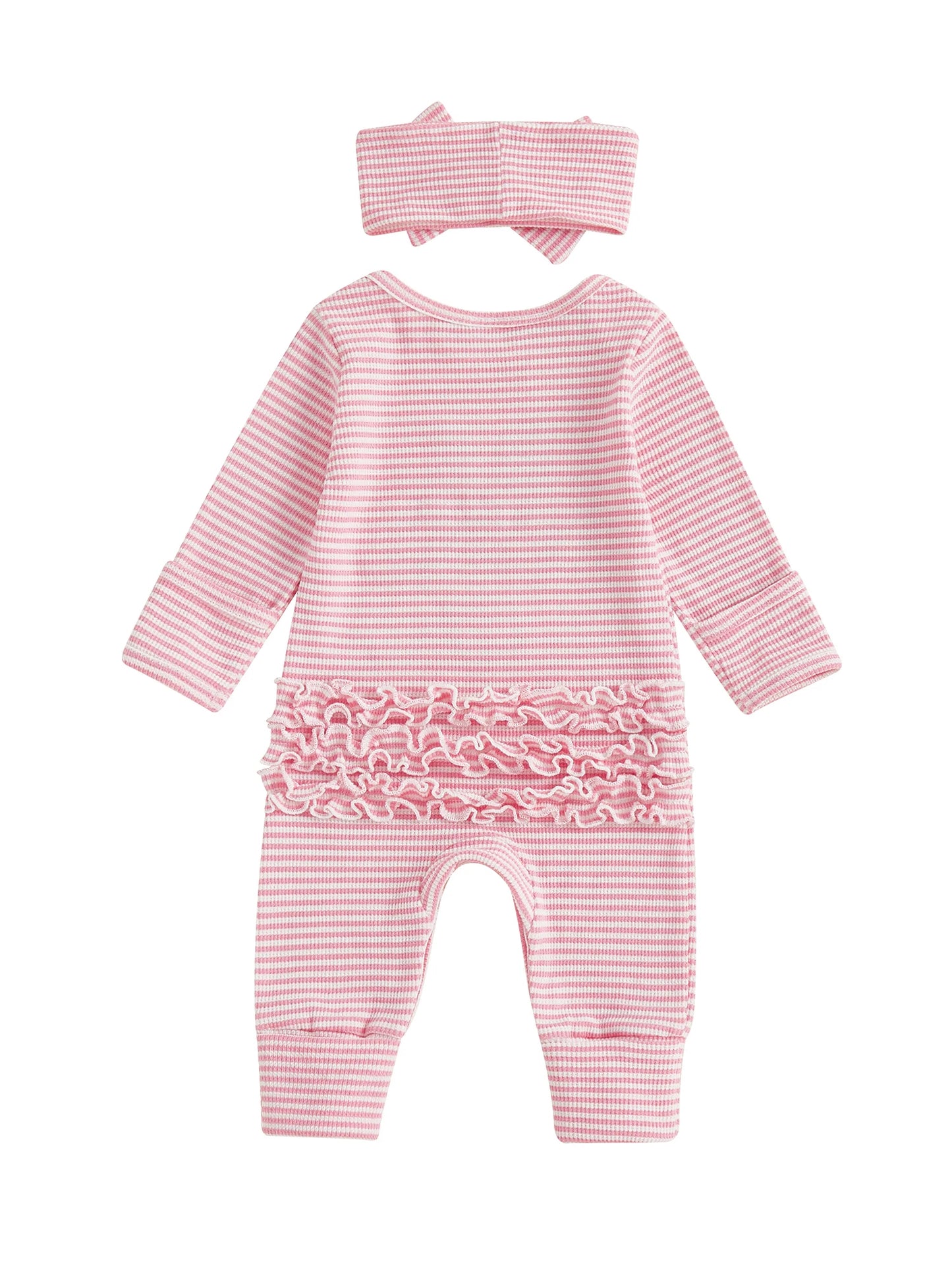 Newborn Baby Romper with Headband - Love Heart Embroidery Stripe Design