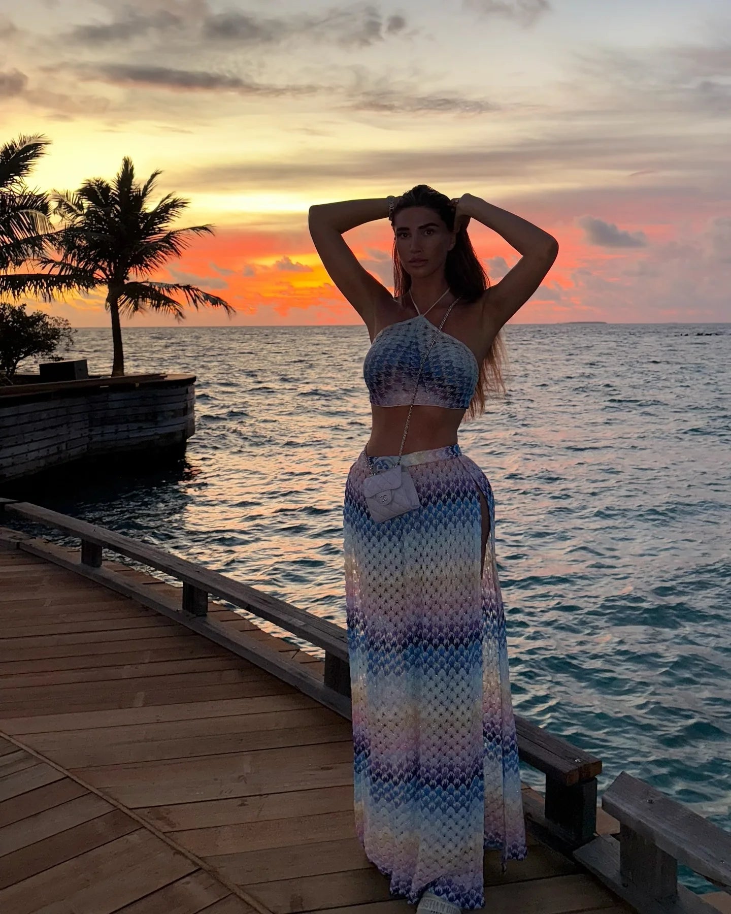 2-Piece Halter Print Set - Tube Top with Mesh Split Pants