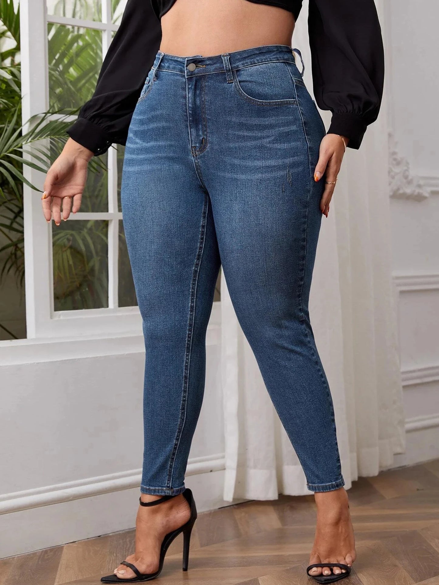 Plus size Jeans - Women full length high waist stretchy stretchy Jeans