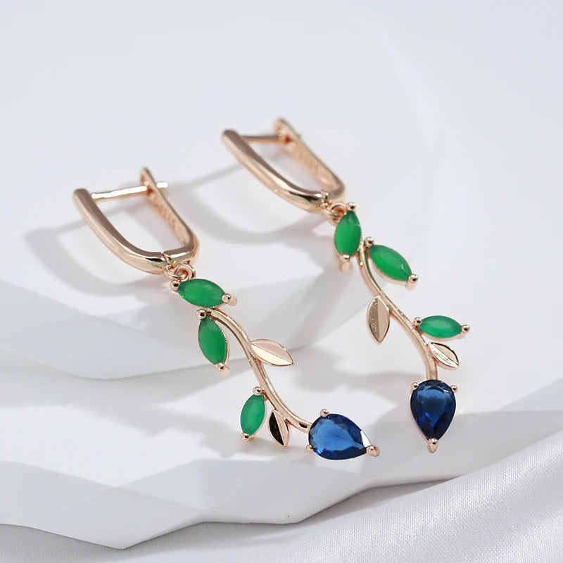 Women's 585 Rose Gold With Shiny Green Natural Zircon Long Leaf Drop Earrings