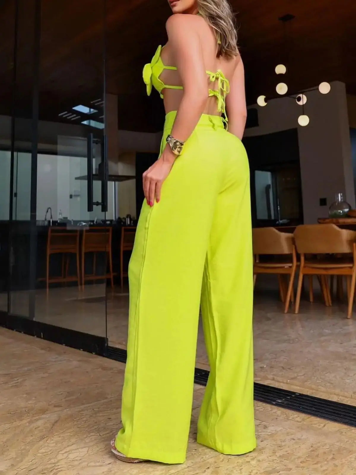 Women's Two Piece Set - Sleeveless Short Top and Wide Leg Pants Set