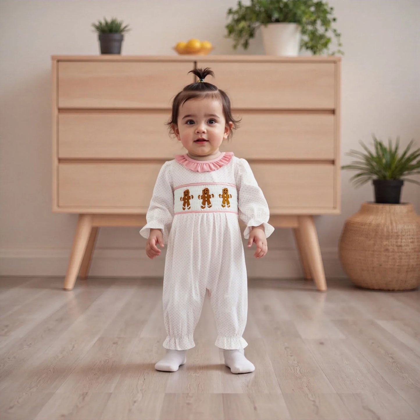 Baby Girls' Christmas Romper - Santa & Gingerbread Embroidery Smocked Long Sleeve Jumpsuit