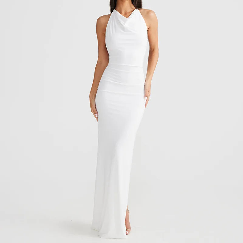 Women's Halter Backless Ruched Maxi Dress - Women Tie Detail Sleeveless Split Bodycon Dress