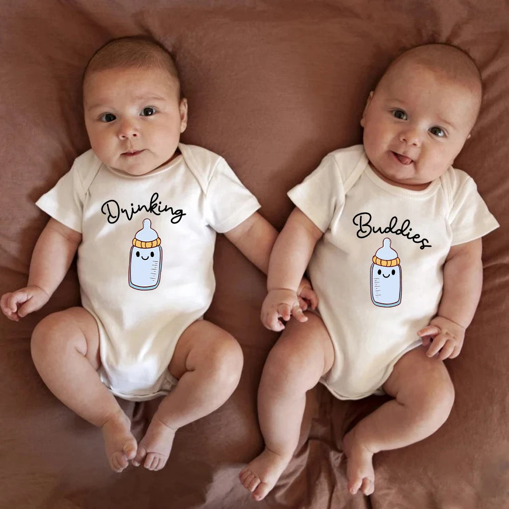 "Drinking Buddies " Funny Twin Baby Romper Bodysuit Summer Cotton Short Sleeve Outfits