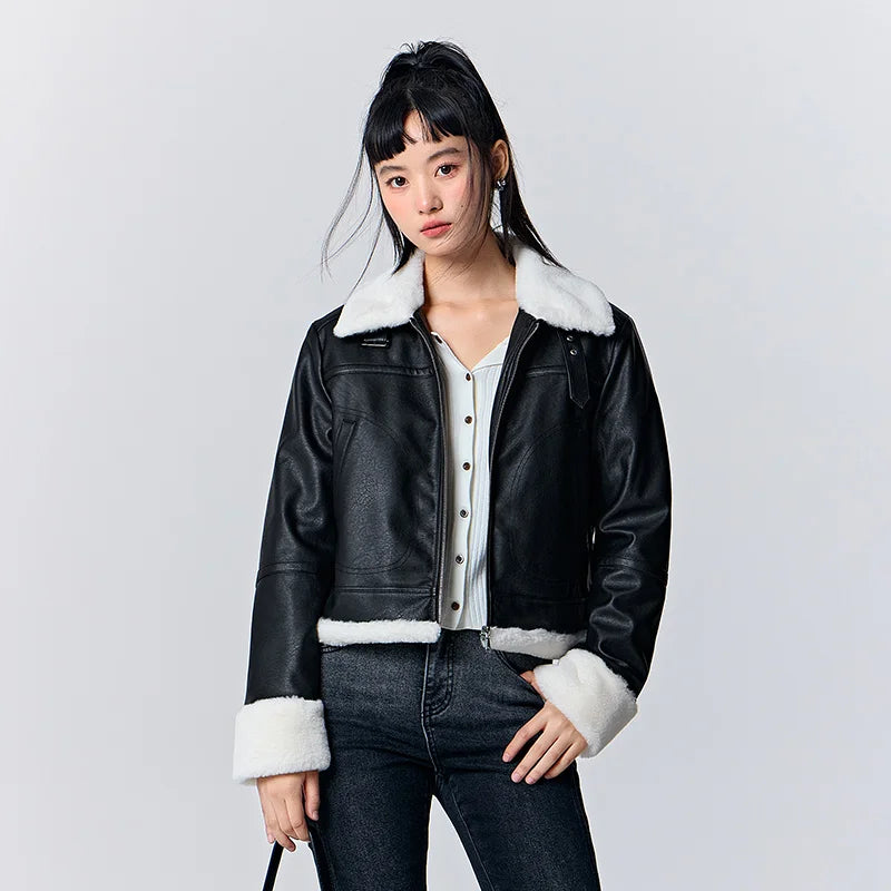 Quilted Faux Leather Cropped Jacket - Women's Winter Outerwear