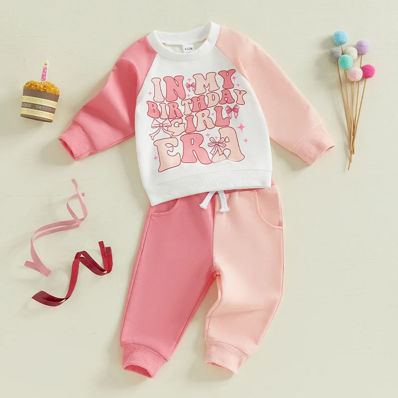 0-5Y Kids Girls Birthday Clothes Set Colour Patchwork Long Sleeve Letter Print Sweatshirt with Pants