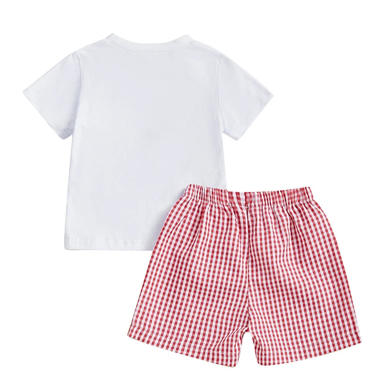 Summer Casual Baby Boys Birthday Outfit Set - Letter Animal Print T-Shirt with Plaid Shorts