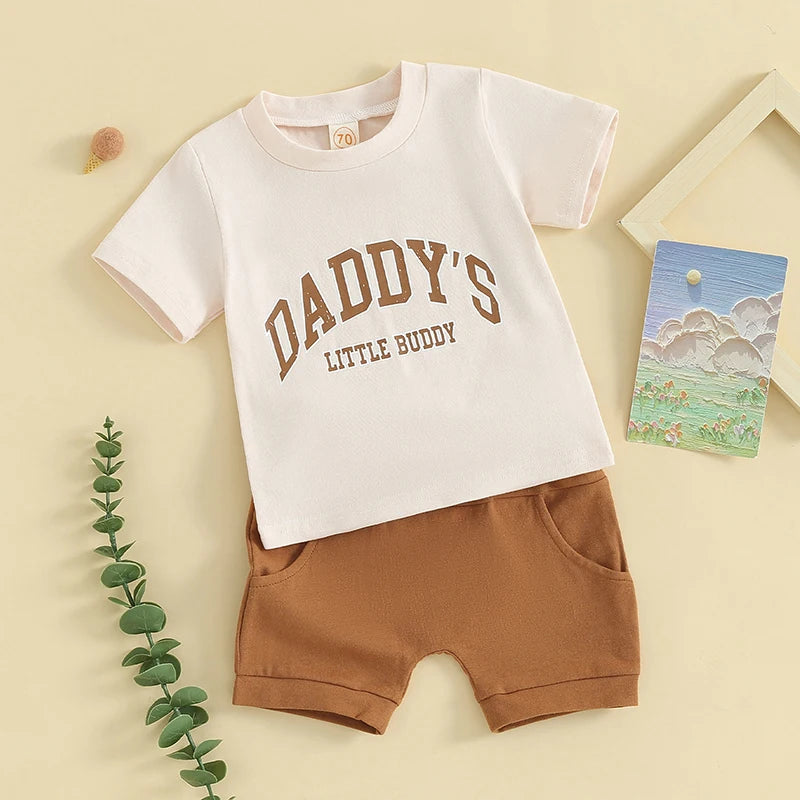 0-3Y Toddler Baby Boy Summer Clothes Set- 2pcs Letter Print Short Sleeve T-Shirt with Elastic Waist Solid Colour Shorts